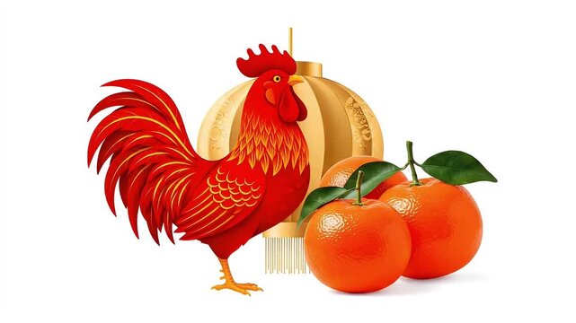 Chinese New Year Red Rooster, Golden Lantern, and Oranges on White Background