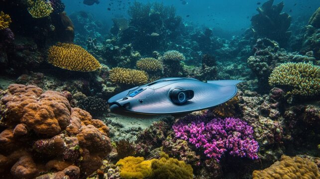 Autonomous coral reef surveyor, shaped like a flatfish, gliding over colorful corals, high-resolution cameras active, scientific documentation