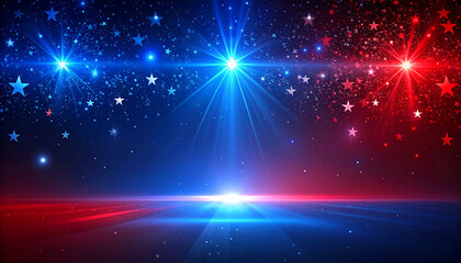 Dynamic Red, White, and Blue Starry Night With Bright Beams Across a Futuristic Stage.
