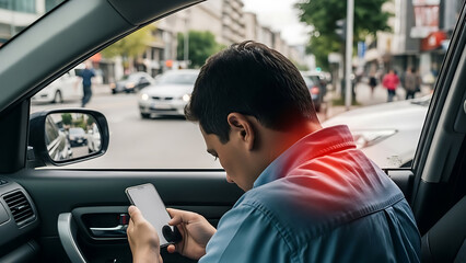 Man in car with neck pain, using smartphone. Highlighting poor posture and digital device strain. Health issue.