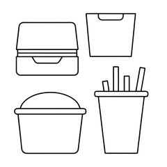 Outline icons representing various fast food containers including a burger box a drink cup and side dishes