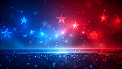 Patriotic Night Sky With Blue And Red Stars Over Sparkling Glittering Ground.