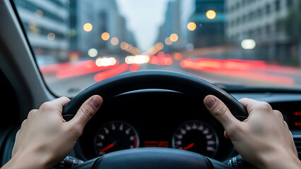 Night city drive POV with hands on steering wheel and motion blur light trails