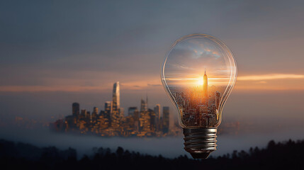 Cityscape Inside Lightbulb: An imaginative visual representation showcasing a cityscape encapsulated within a glowing lightbulb, with the radiant sunrise in the background.