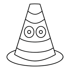 Simple black and white outline drawing of a cute cartoon traffic cone character with large eyes for coloring