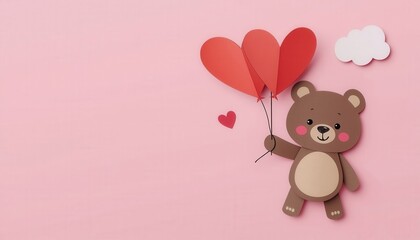 Sweet Bear's Valentine Greeting: A charming paper bear, clutching heart-shaped balloons, floats against a soft pink backdrop, conveying love and joy for the Valentine's season. 