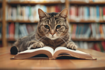 Smart Cat Reading Book in Library Concept of AI Learning and Knowledge System