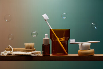 Eco-friendly bathroom essentials arranged on a wooden shelf