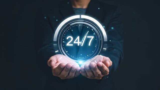 Digital 247 Service Concept with Glowing Clock Interface Held by Hands.