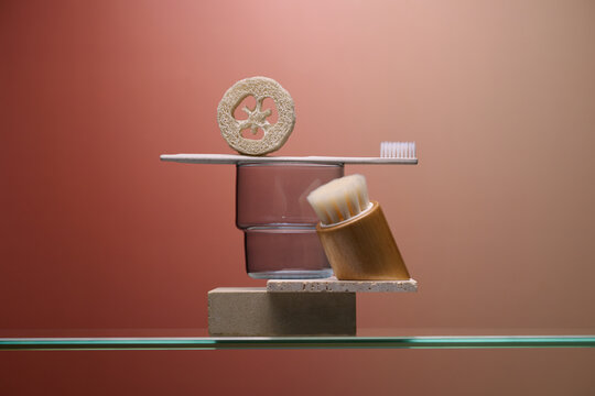 Minimalist still life composition with sustainable self-care products