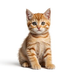 Adorable orange tabby kitten sitting on white background cute young ginger cat with striped fur looking alert at camera