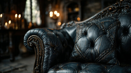 Close-up of a vintage black leather tufted armchair in a dimly lit room.