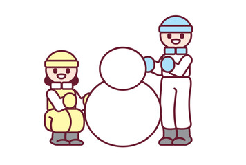 楽しそうに雪だるまを作っている子どもたちのイラスト