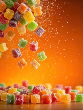 Colorful gummy bears coated with sugar falling on an orange background