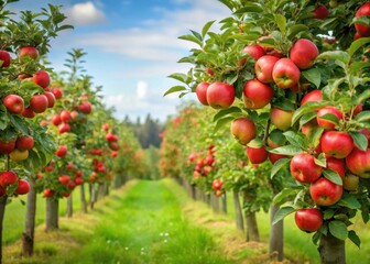 Apple trees with ripe apples on a orchard verge before harvest