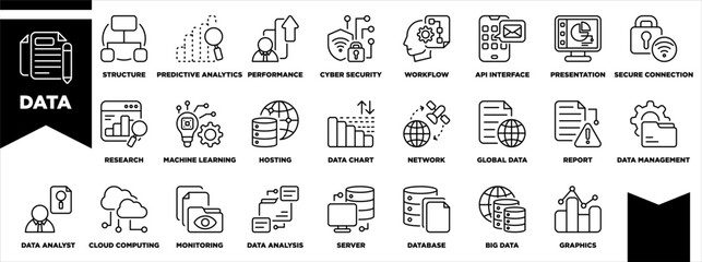 Data Icon Set Line Black