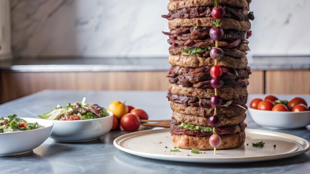 Epic fast food conquest A towering kebab conquers all, a culinary behemoth of savory delight and guilty pleasure