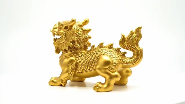Golden Pixiu Statue Rotating 360 Degrees on White Background, Symbol of Wealth and Good Fortune