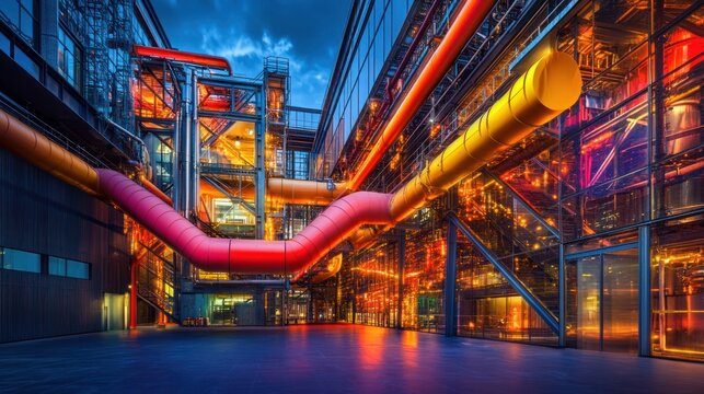 A Lloyd's building/Pompidou-esque structure, its exposed ducts and pipes appearing as conduits of flowing, colorful nebulae and stardust