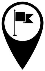 Black flag location marker icon, showing a waving flag within a pin silhouette on white.