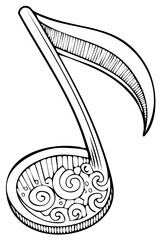 Ornamental musical note with intricate swirl patterns hand drawn line art illustration