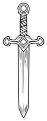 Medieval sword illustration with ornate hilt and blade in black and white