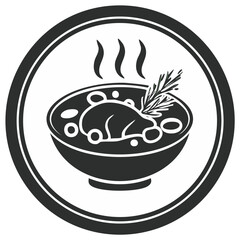 Steaming Bowl of Hearty Stew with Chicken and Garnish Inside Circular Emblem