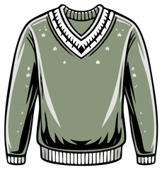 Cozy green v-neck pullover sweater with stars and ribbed trim vector illustration