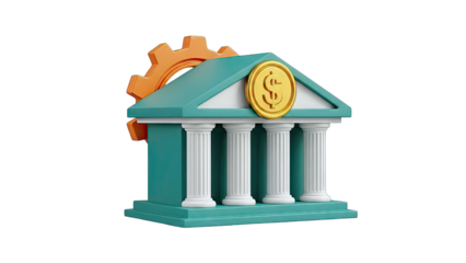 3D Bank Icon with Gear and Dollar Coin