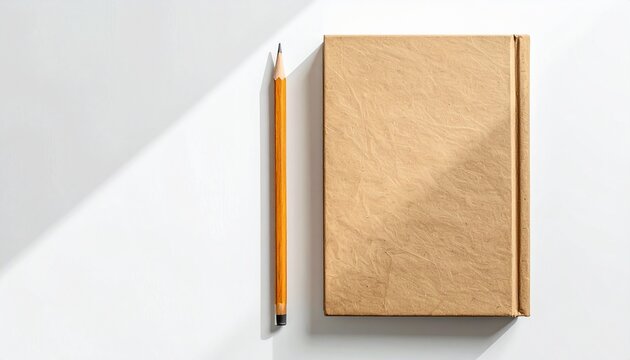 A sharp yellow pencil lies next to a closed brown paperback notebook on a white surface in a minimalist, realistic still life composition with dramatic lighting.