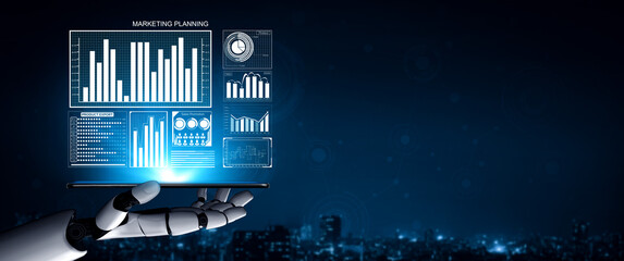 A futuristic robotic hand showcases a visual display of graphs and data related to marketing planning, emphasizing technology and innovation in business strategies. Impute
