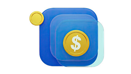 3D Rendering of Stacked Blue Layers with Dollar Coins