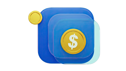 3D Rendering of Stacked Blue Layers with Dollar Coins