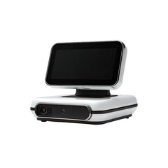 A sleek white device with a small black screen sitting atop a layered base