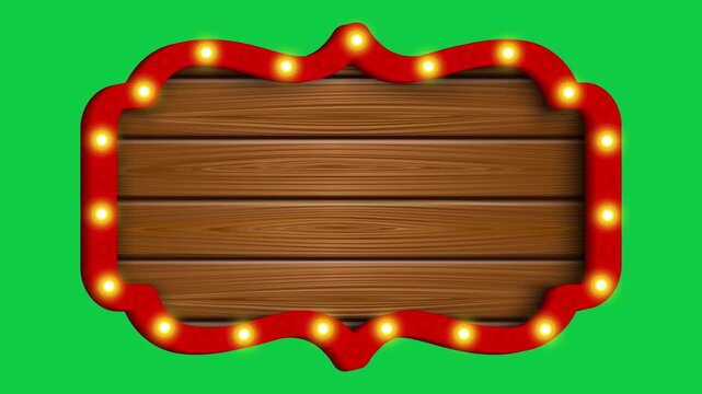 animated wooden signboard with lightbilbs on green screen