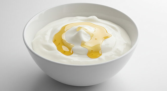 Cremiger wei�er Joghurt mit goldenem Honig in einer Schale ansprechend hell beleuchtet ein frischer gesunder Genuss. AI Generated