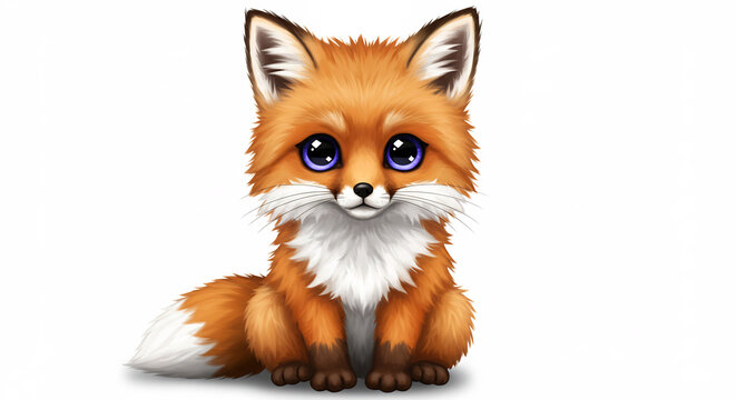 Ein entz�ckender kleiner Fuchs Cartoon sitzt mit grossen Kulleraugen und flaumigem Fell im niedlichen Kawaii Stil. AI Generated
