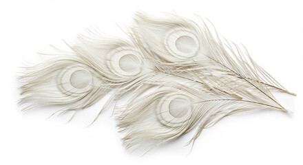 Vier federleichte wei�e Pfauenfedern �sthetisch arrangiert auf reinwei�em Untergrund f�r eine schlichte Eleganz. AI Generated