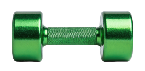 Green dumbbell with textured grip, centered on a black background