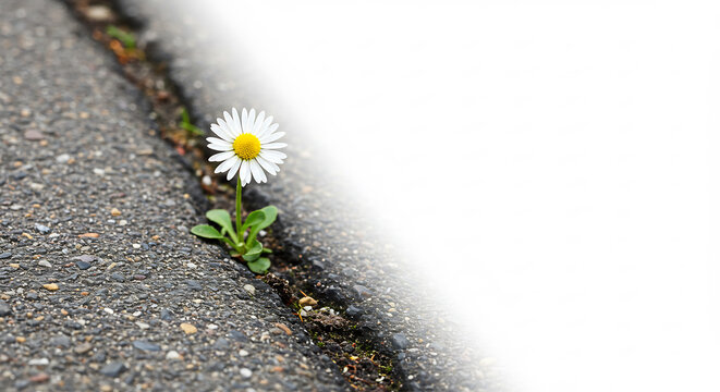 Strahlendes G�nsebl�mchen bricht mutig durch harten Asphalt zeigt die widerstandsf�hige Kraft der Natur. AI Generated