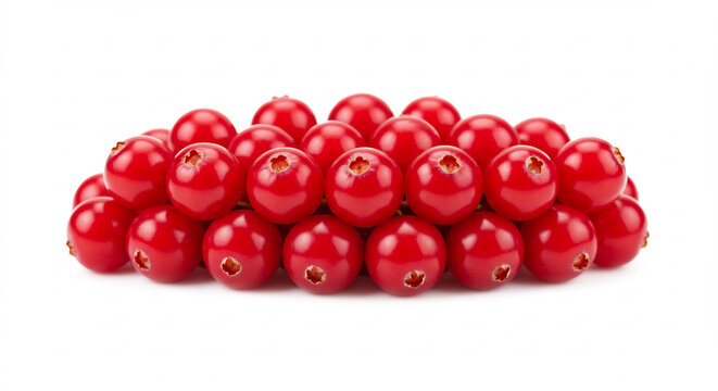Helle leuchtend rote Beeren sorgf�ltig gestapelt auf reinwei�em Hintergrund dynamisch arrangiert f�r frisches Sommergef�hl. AI Generated