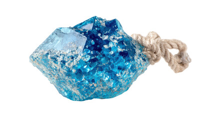 Fototapeta premium Blue crystal geode with a rope for climbing or lifting, concept of strength and discovery, transparent background
