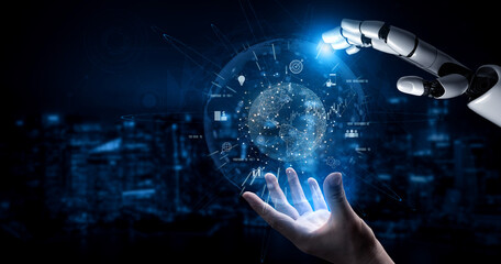 AI connecting global business network, processing data exchange, analyzing economic trends, and supporting digital infrastructure through intelligent worldwide systems. Vouch