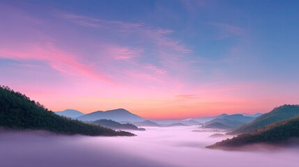 Fototapeta premium Serene Dawn Over Misty Mountains with Soft Pastel Sky and Deceptively Tranquil Landscape, Perfect for Nature, Travel, and Meditation Themes