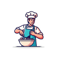 Cartoon illustration of an Italian male chef character in a professional hat holding a tray with a delicious gourmet pizza meal in a restaurant kitchen