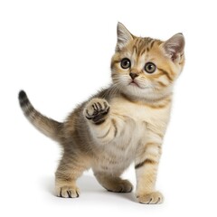 Obraz premium Playful tabby kitten raising paw on white background cute brown striped cat standing and looking up curious young feline