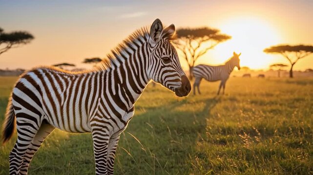 Zebras Grazing in the African Savanna During Sunset.