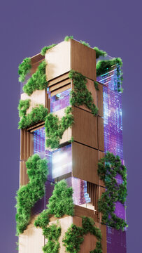 Vertical Eco-Tech Tower with Wood, Glass and Greenery