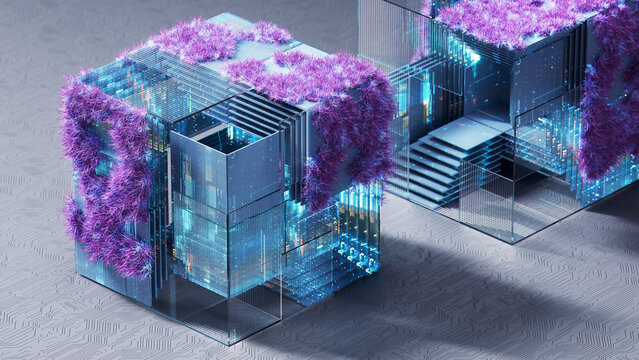 Twin Bio-Digital Cubes with Synthetic Moss