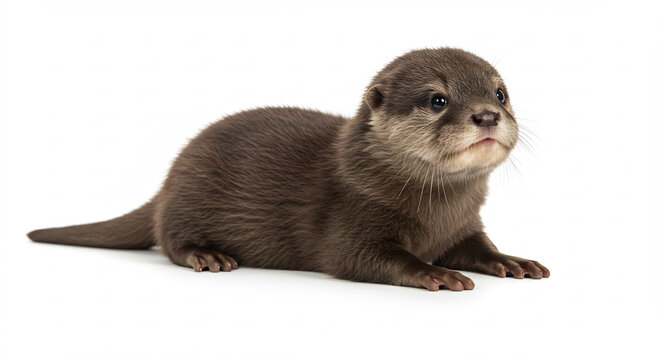 Entz�ckendes Otterjunges mit weichem Fell schaut neugierig in die Kamera klar und hell beleuchtet auf weissem Studiohintergrund. AI Generated